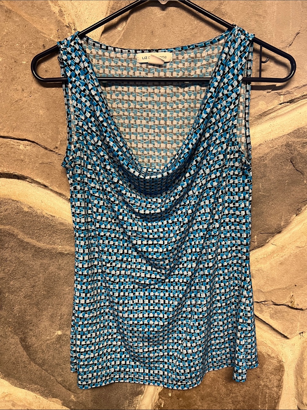 Liz Claiborne Blue Geometric Cowl Neck Tank